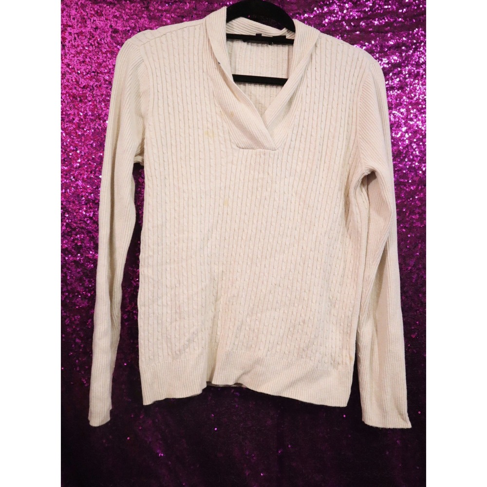 *FLAWED* Cream Cable Knit Sweater Large Jeanne Pierre Women Shawl Neck Cotton